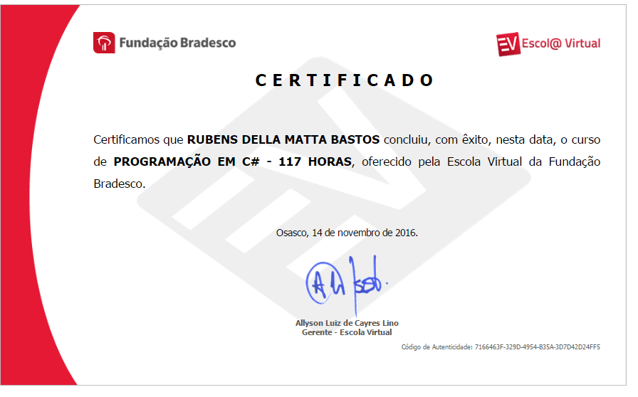 Exemplo de certificado de conclusão de curso da Fundação Bradesco. A autenticidade do certificado pode ser consultada através do QR-Code.