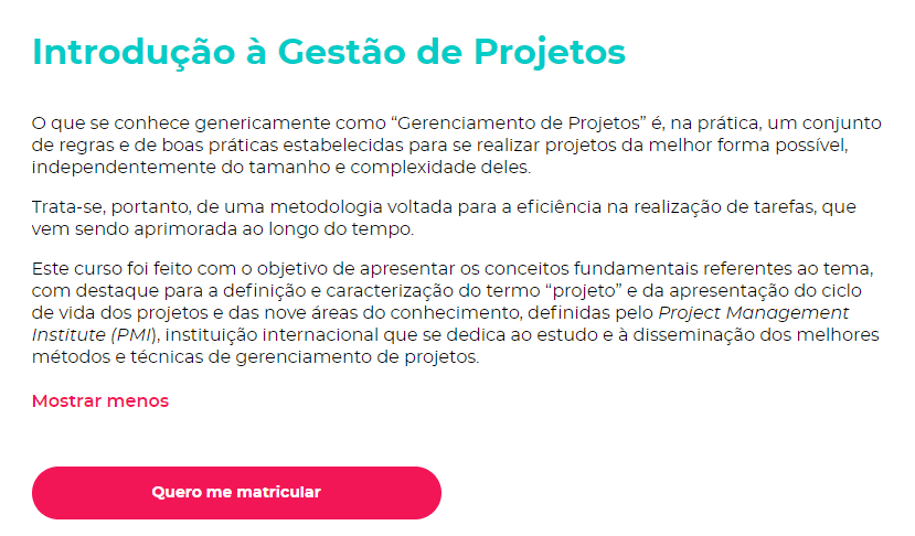 Detalhe da descrição do curso de Introdução à Gestão de Projetos no site da Fundação Bradesco