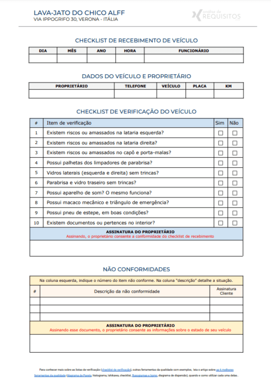 Exemplo da estrutura de uma lista de checagem, ou simplesmente checklist de segurança para prestação de serviços.