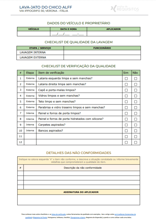 Checklist de verificação da qualidade de execução de um serviço.