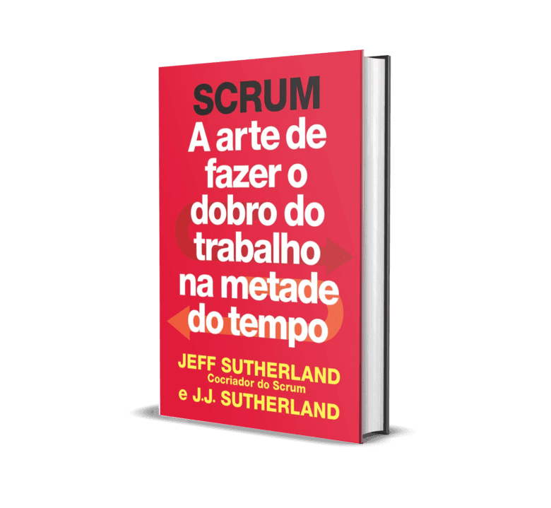 Mockup do livro "Scrum: A arte de fazer o dobro do trabalho na metade do tempo" por Jeff Sutherland.
