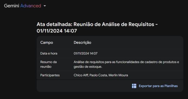 Exemplo de 'Ata detalhada' de uma reunião gerada pelo Gemini a partir do nosso modelo de prompt, com data, hora, resumo e participantes. Exemplo de 'Ata detalhada' de uma reunião gerada pelo Gemini a partir do nosso modelo de prompt, com data, hora, resumo e participantes.