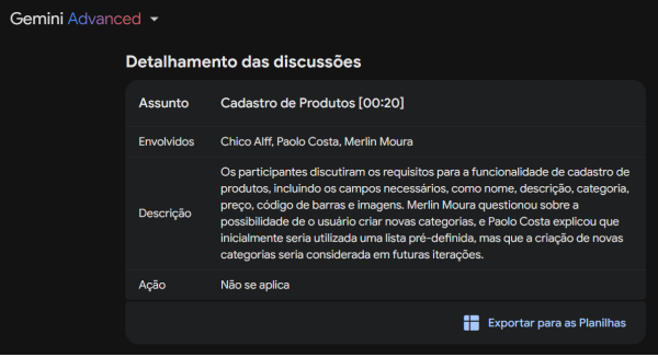 Exemplo de 'Detalhamento das discussões' gerado pelo Gemini com nosso prompt Exemplo de 'Detalhamento das discussões' gerado pelo Gemini com nosso prompt