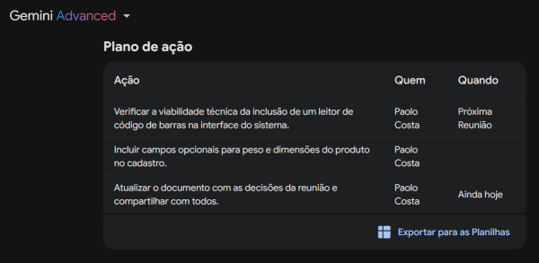Exemplo de um item do Plano de Ação gerado no Gemini, utilizando nosso prompt. Exemplo de um item do Plano de Ação gerado no Gemini, utilizando nosso prompt.